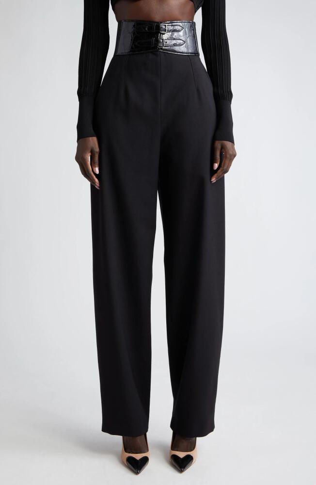 Alaïa Leather Trim Belted Stretch Wool Trousers in Noir Alaia Cover