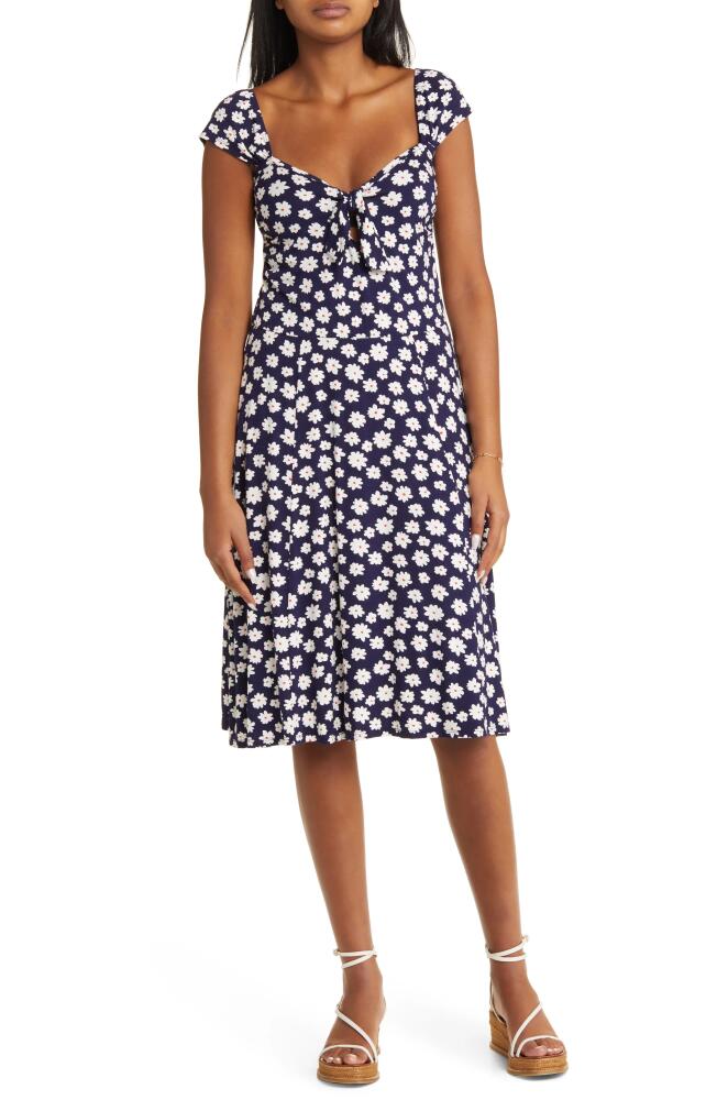 Loveappella Floral Tie Front Cap Sleeve A-Line Dress in Navy Cover