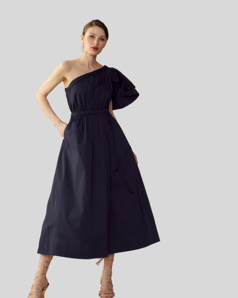 Cynthia Rowley COTTON ONE SHOULDER MIDI DRESS in Navy Cover