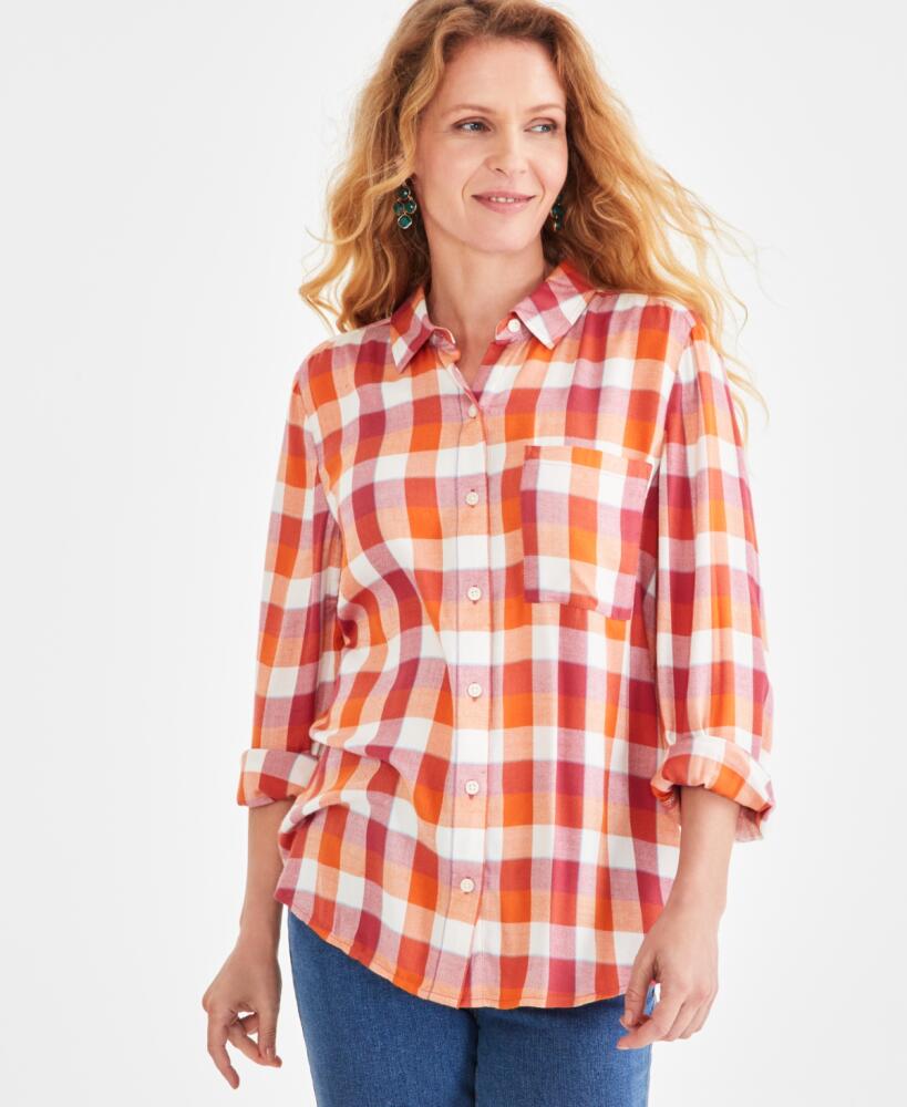 Style & Co Women's Plaid Button-Front Perfect Shirt, Created for Macy's - Plaid Strawberry Cover