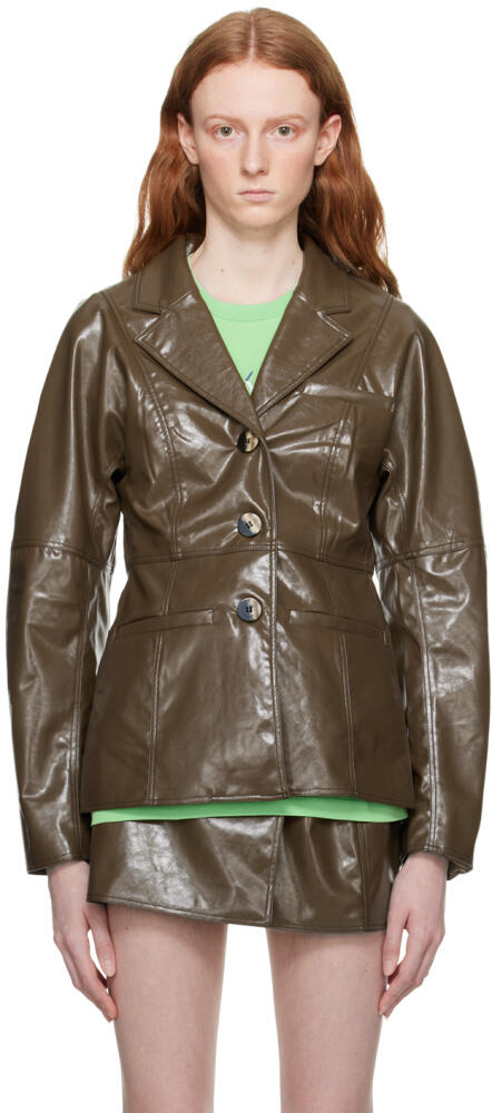 GANNI Brown Patent Faux-Leather Blazer Cover