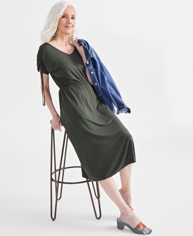 Style & Co Women's V-Neck Ruched-Sleeve Dress, Created for Macy's - Midnight Olive Cover