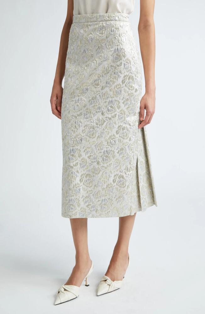 Erdem Pleated Back Floral Cloqué Midi Skirt in Gold Cover