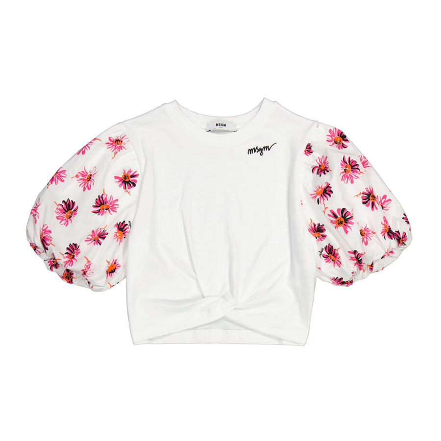 MSGM Girls Bianco Floral Ruffle Sleeve Logo Cotton Shirt Cover