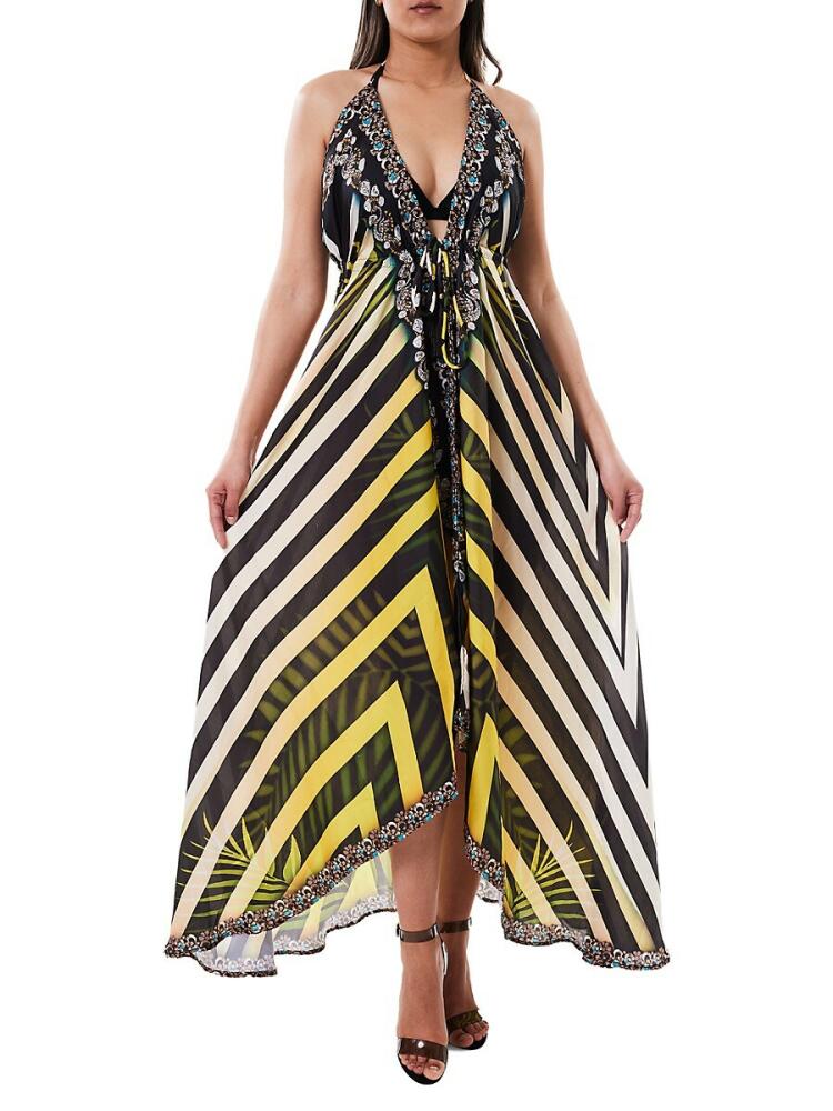 Ranee's Women's Striped High Low Coverup Dress - Black Yellow Cover