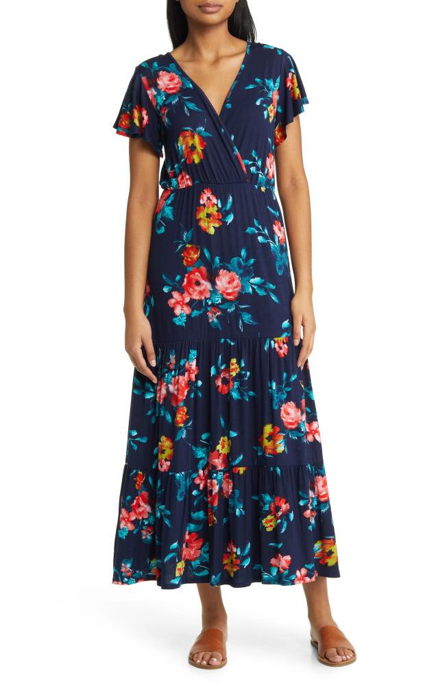 Loveappella Floral Tiered Faux Wrap Knit Maxi Dress in Navy/Coral Cover