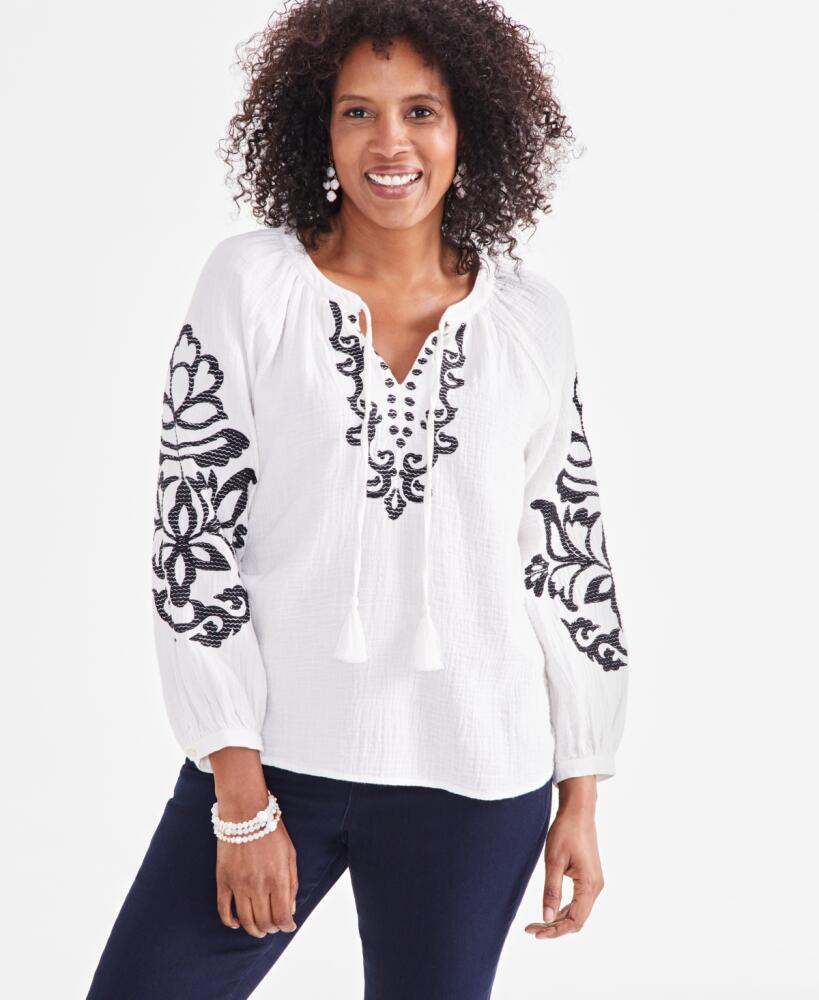 Style & Co Petite Embroidered Peasant Top, Created for Macy's - Desert Shiitake Cover