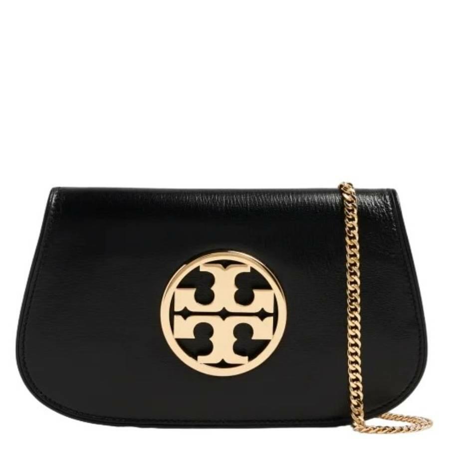 Tory Burch Black Leather Reva Clutch With Chain Strap Cover