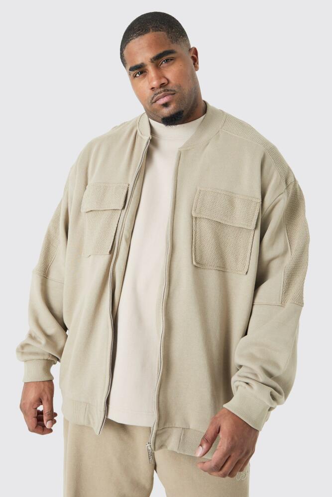 boohoo Mens Plus Oversized Boxy Textured Pocket Bomber Jacket - Beige Cover