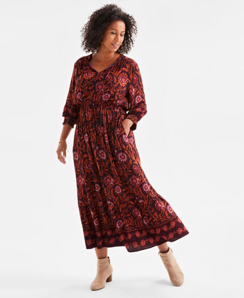 Style & Co Women's Printed Smocked-Waist Maxi Dress, Created for Macy's - Border Wine Cover