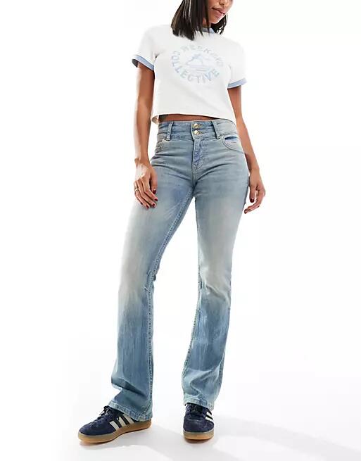 Bershka low rise bootcut jeans in light blue dirty wash Cover