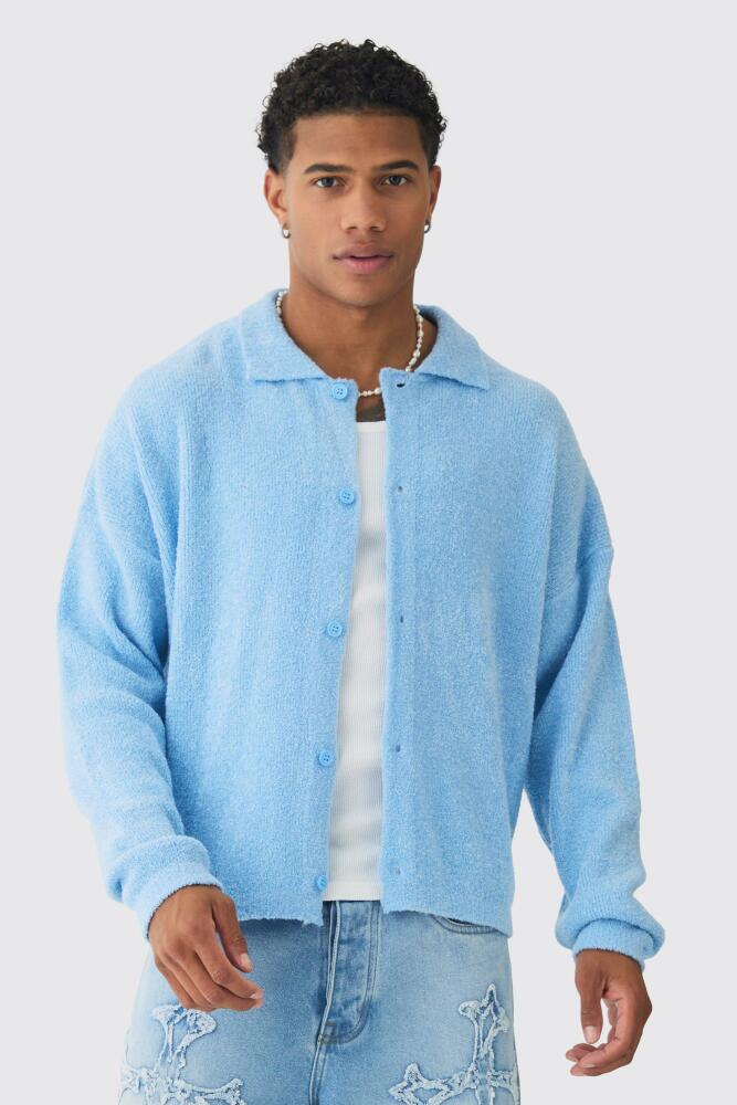 boohoo Mens Boxy Fit Brushed Knit Cardigan - Blue Cover