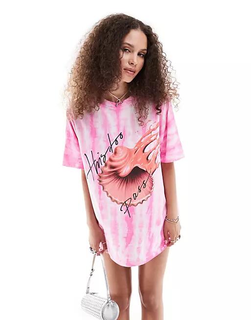 Monki oversized t-shirt with seashell graphic print in pink tie dye Cover