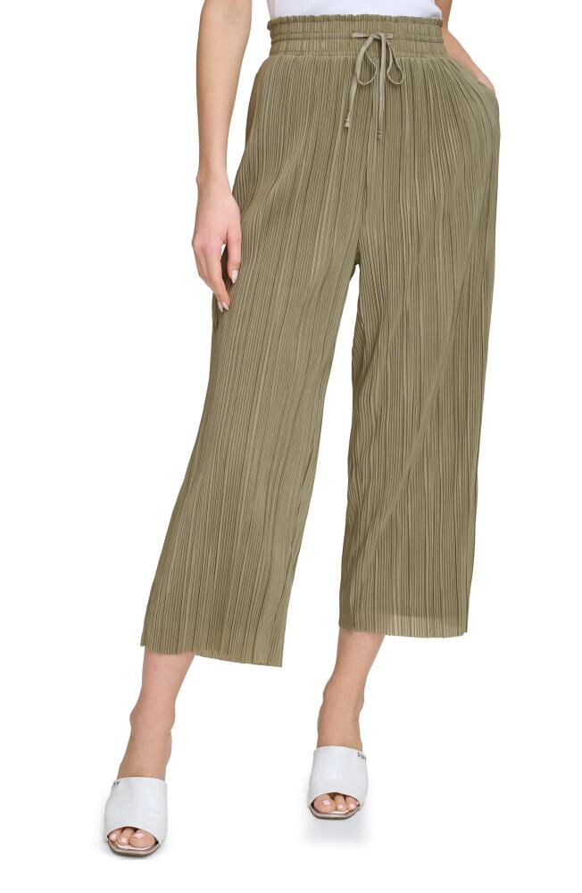 DKNY Pull-On Crop Wide Leg Plissé Pants in Light Fatigue Cover