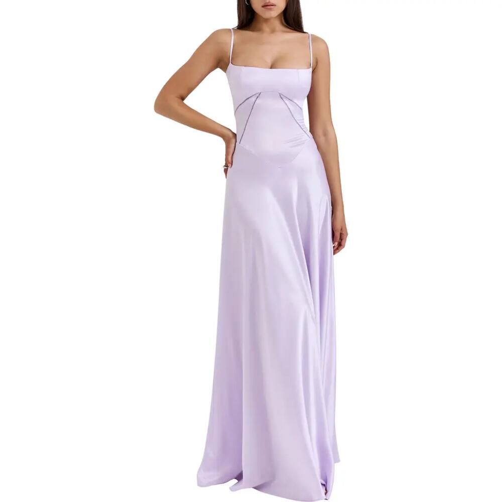 HOUSE OF CB Anabella Lace-Up Satin Gown in Pastel Lilac Cover