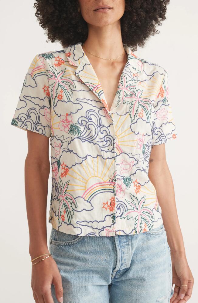 Marine Layer Lucy Embroidered Short Sleeve Lyocell & Linen Button-Up Resort Shirt in Natural Cover