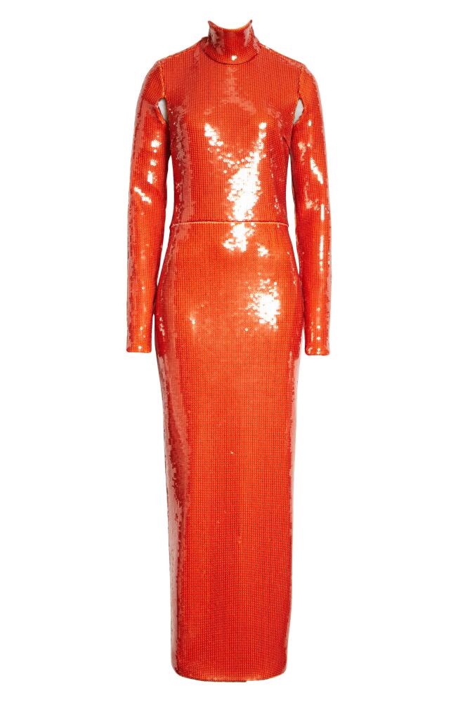 LaQuan Smith Sequin Mock Neck Long Sleeve Cutout Column Gown in Orange Cover