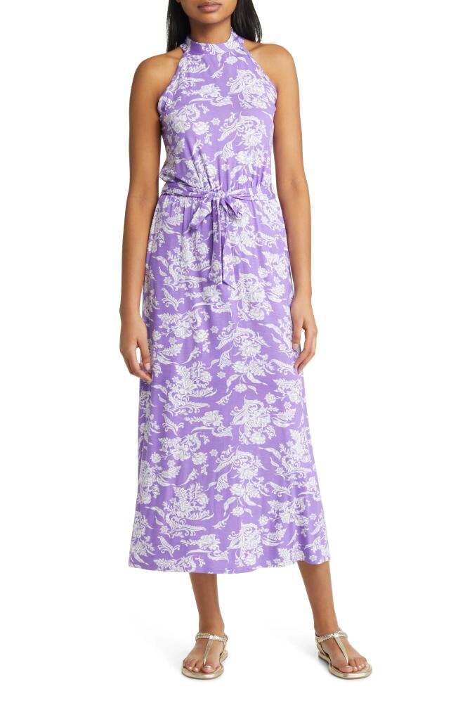 Loveappella Floral Tie Waist Halter Knit Maxi Dress in Violet Cover