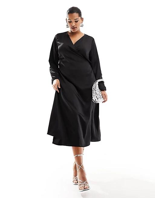 Only Curve satin wrap midi dress in black Cover