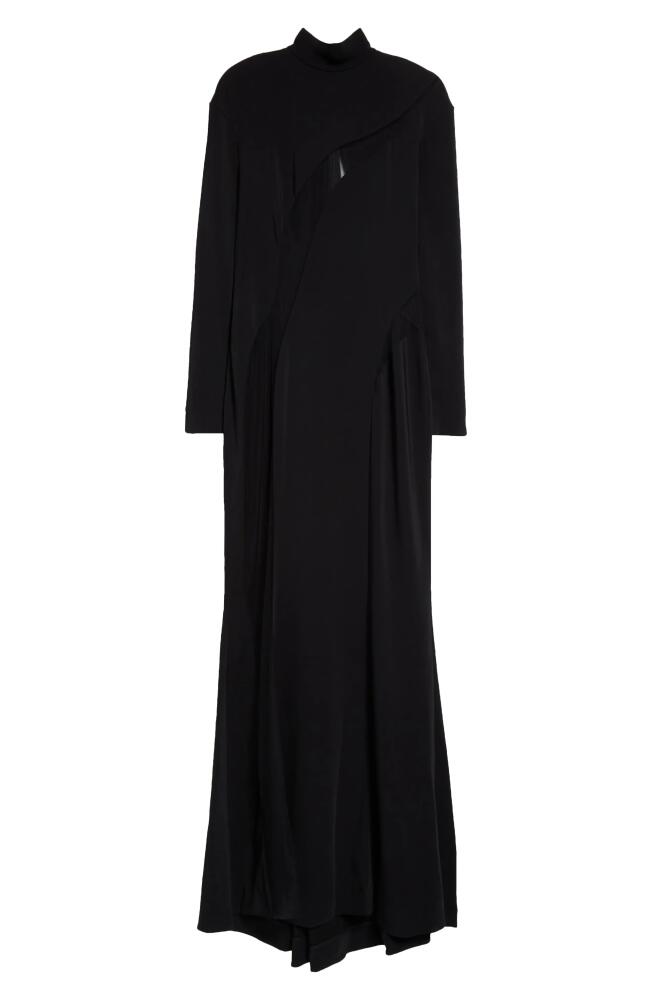 MUGLER Asymmetric Illusion Inset Long Sleeve Stretch Crepe Gown in Black/Black Cover