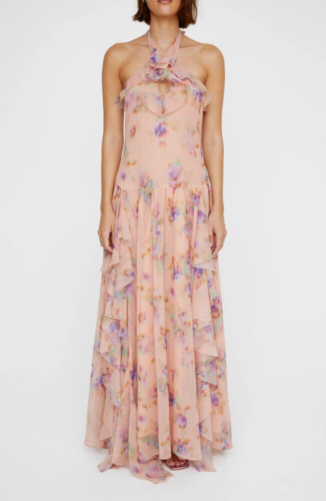 NASTY GAL Floral Ruffle Keyhole Halter Maxi Dress in Apricot Cover