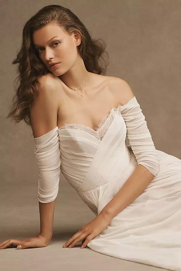 Wtoo by Watters Miles V-Neck Ruched-Sleeve Mesh Wedding Gown Cover