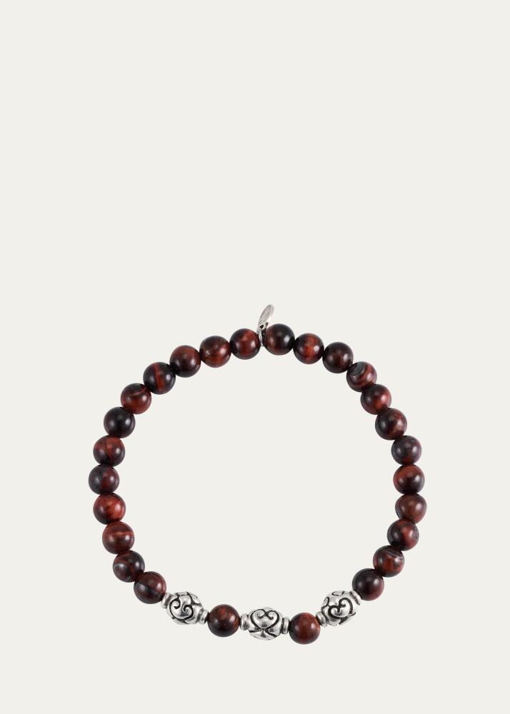 Jan Leslie Men's Red Tiger's Eye Beaded Bracelet with Sterling Silver Cover