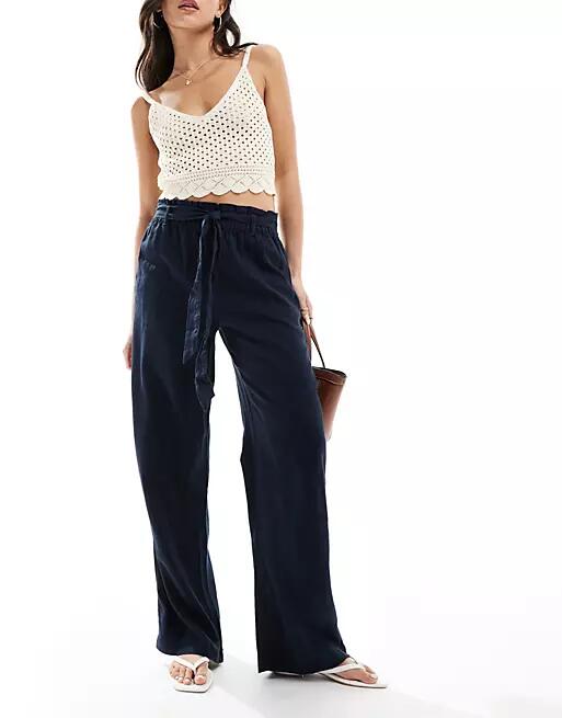 JDY linen mix tie wide leg pants in navy Cover