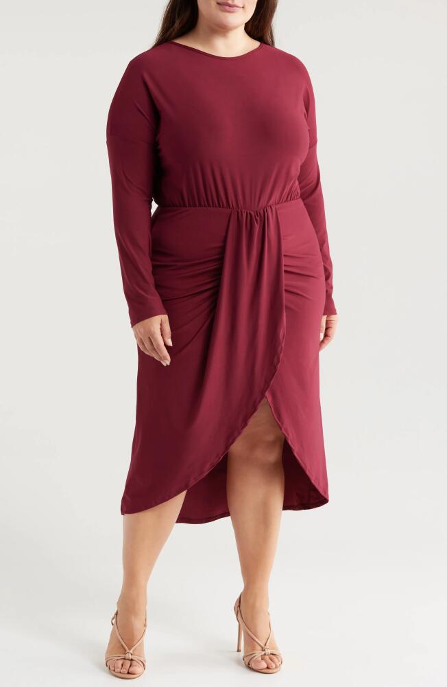 24seven Comfort Apparel Wrap Skirt Long Sleeve Jersey Dress in Burgundy Cover