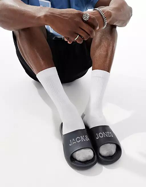 Jack & Jones molded logo slides in black Cover