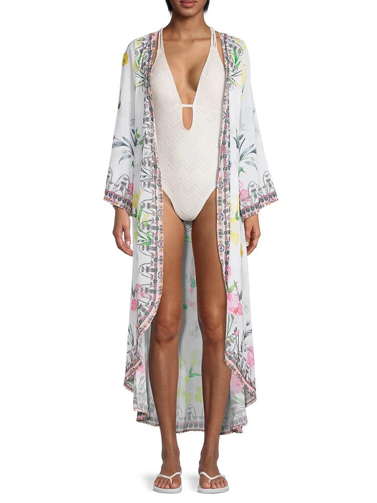 Ranee's Women's Floral-Print Open-Front Cover-Up - White Cover