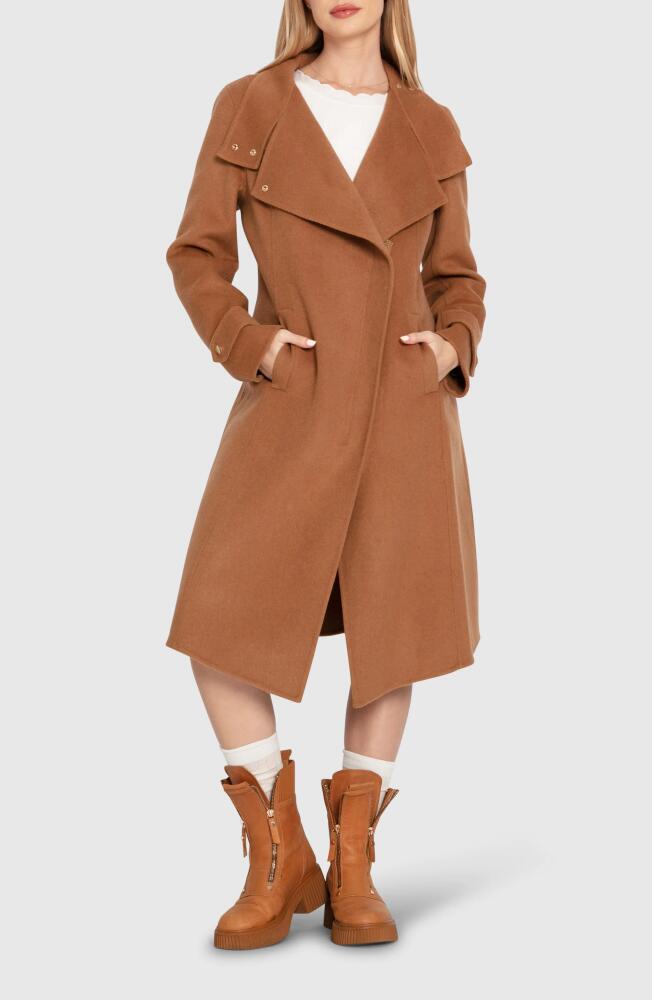 Belle & Bloom Envy Me Asymmetric Zip Wool Blend Coat in Camel Cover