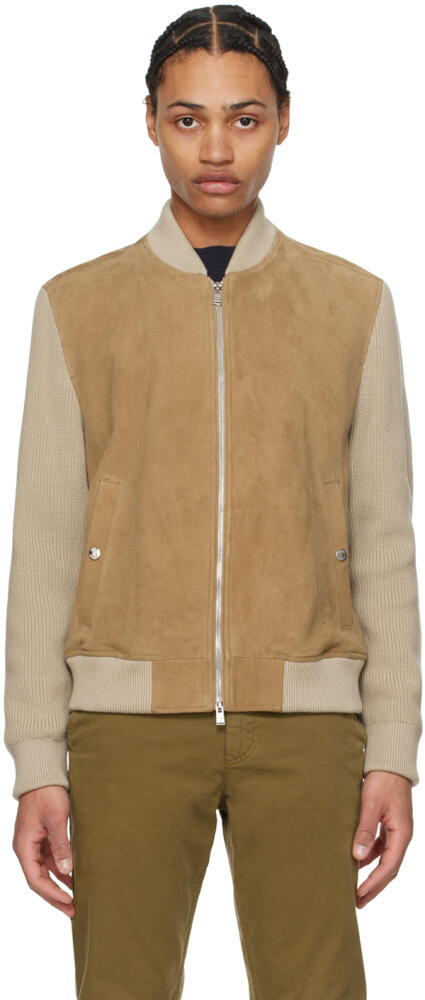 BOSS Beige Paneled Leather Bomber Jacket Cover