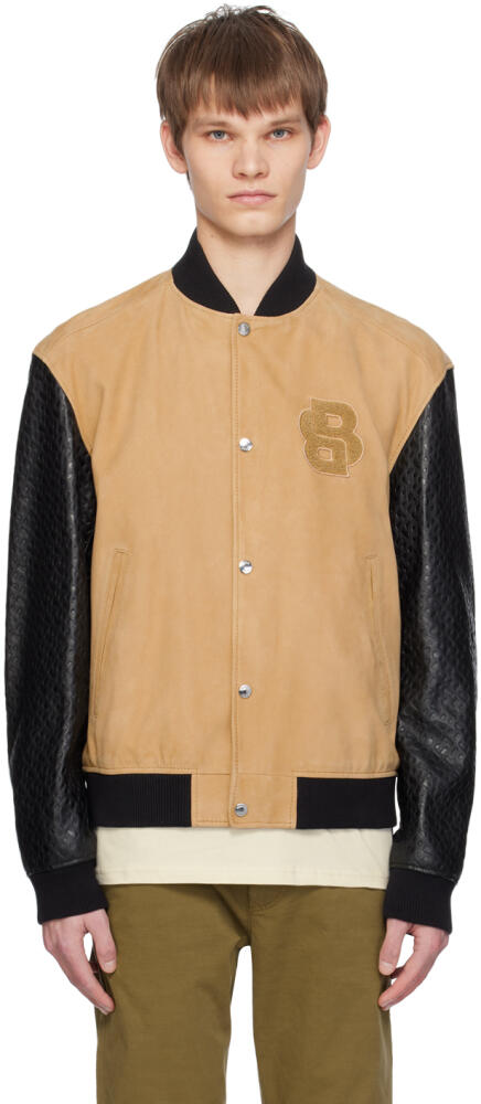 BOSS Tan & Black Stand Collar Leather Bomber Jacket Cover