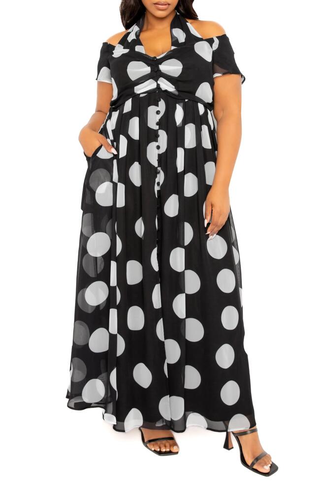 BUXOM COUTURE Polka Dot Off the Shoulder Halter Maxi Dress in Black White Cover