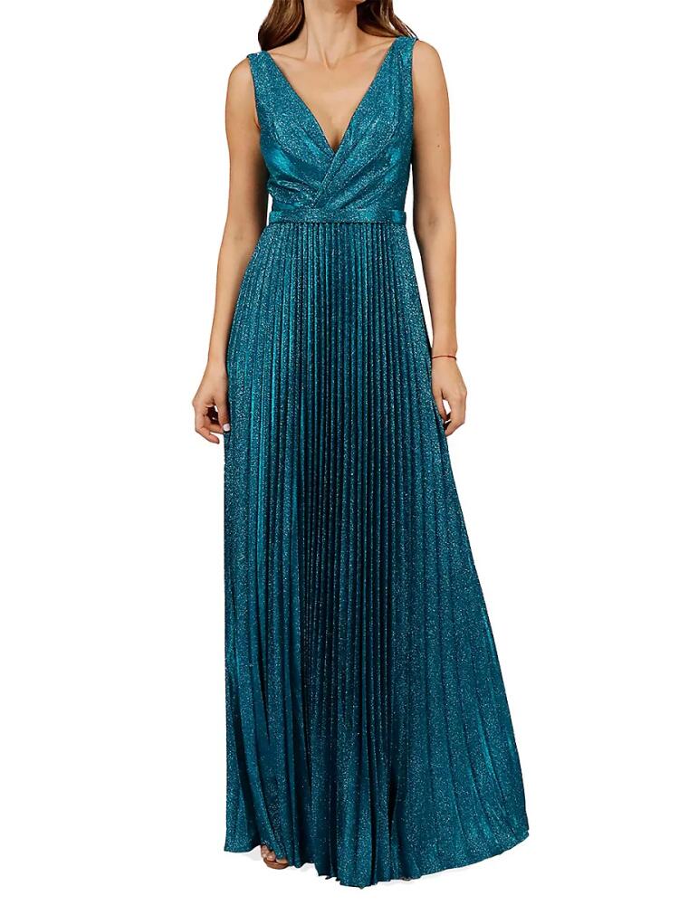 Rene Ruiz Collection Women's Accordion Pleat Glitter Gown - Teal Cover