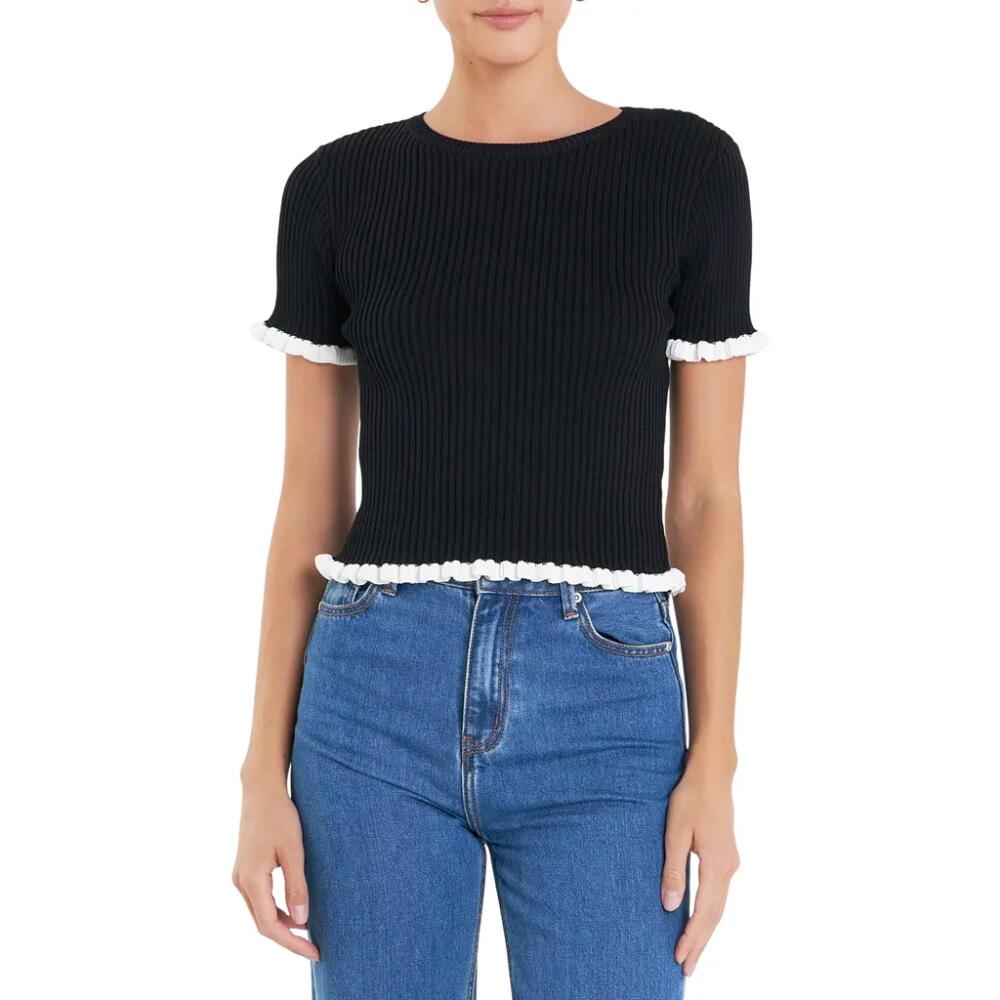 English Factory Ruffle Trim Short Sleeve Rib Sweater in Black/White Cover