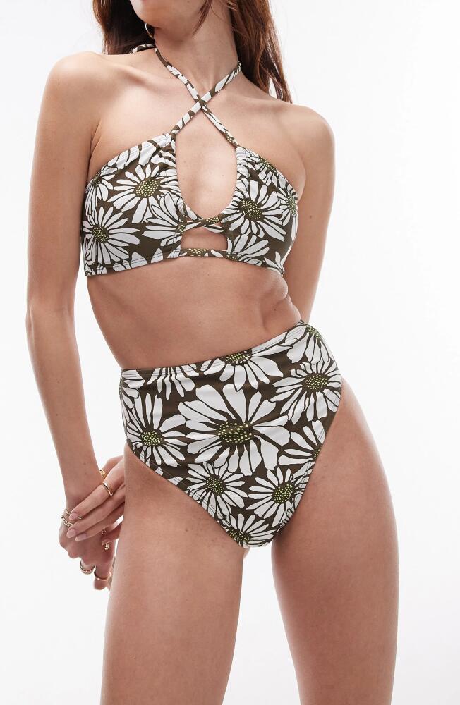 Topshop High Cut Bikini Bottoms in Khaki Multi Cover