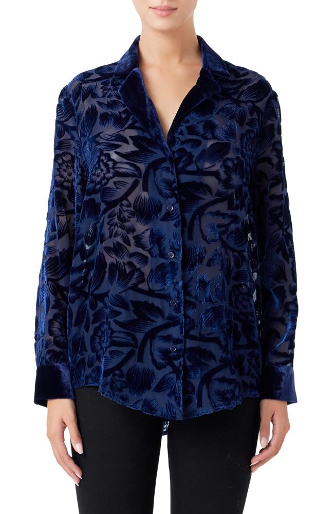 Endless Rose Floral Semisheer Velvet Burnout Long Sleeve Button-Up Shirt in Navy Cover