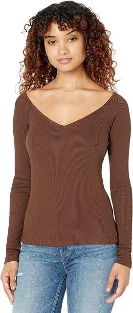 MONROW Rib V Off Shoulder Top (Dark Oak) Women's Clothing Cover