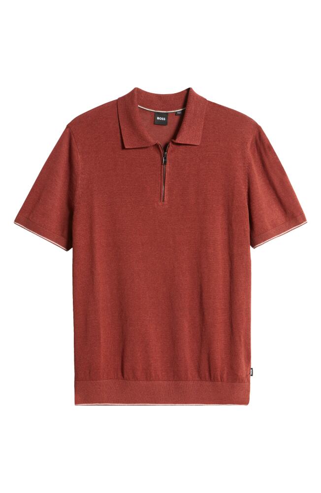 BOSS Trieste Linen Blend Zip Polo in Open Brown Cover