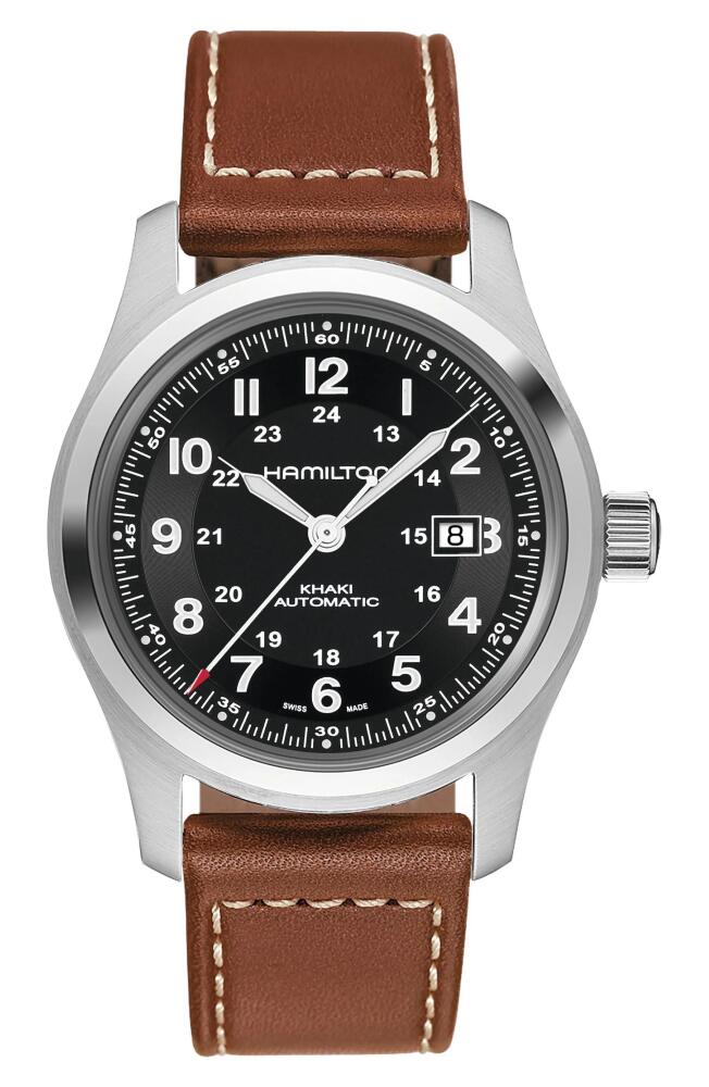 Hamilton Khaki Field Automatic Leather Strap Watch, 42mm in Brown/black/silver Cover