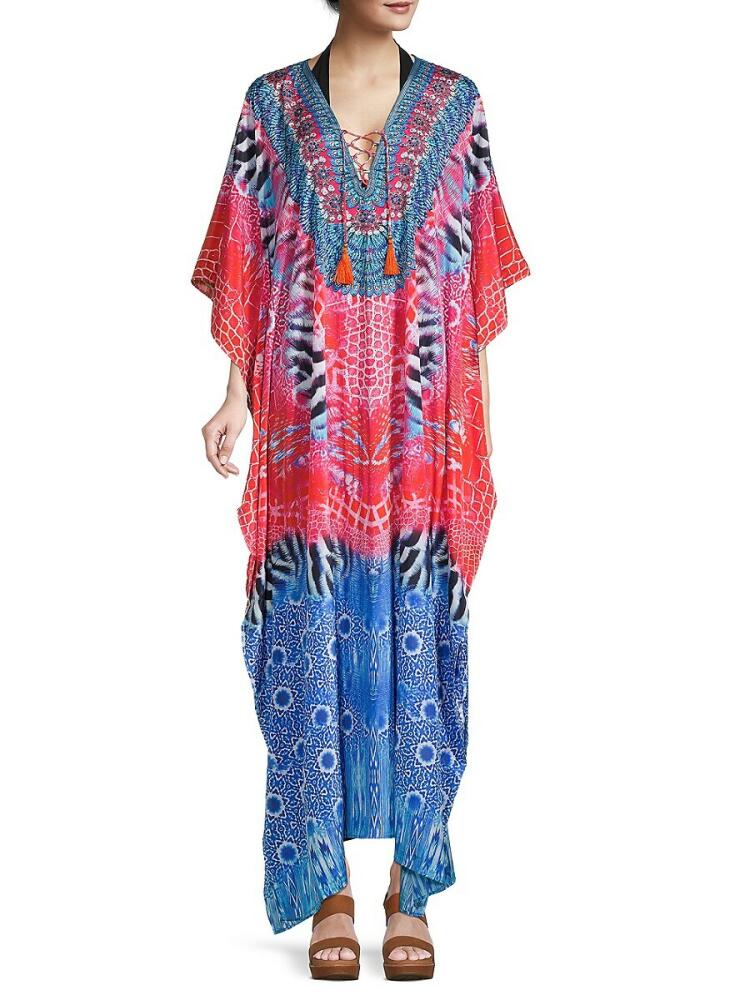 La Moda Clothing Women's Animal-Print Tassel-Tie Caftan Cover-Up - Blue Multi Cover