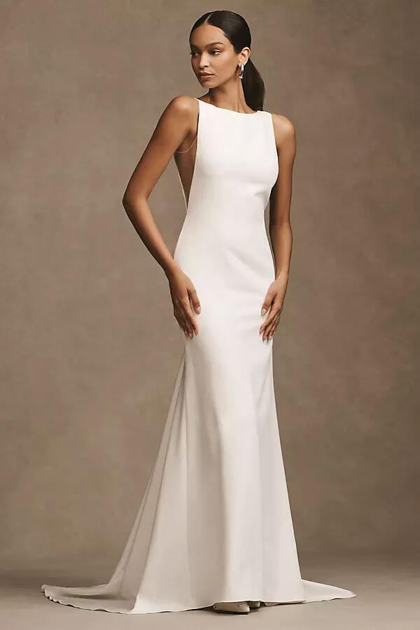 Watters Hyde Bateau-Neck Low-Back Trumpet Wedding Gown Cover