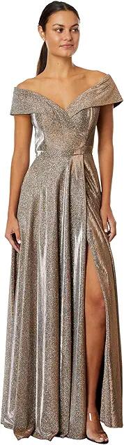 XSCAPE Off-the-Shoulder Long Glitter Dress (Sand) Women's Clothing Cover