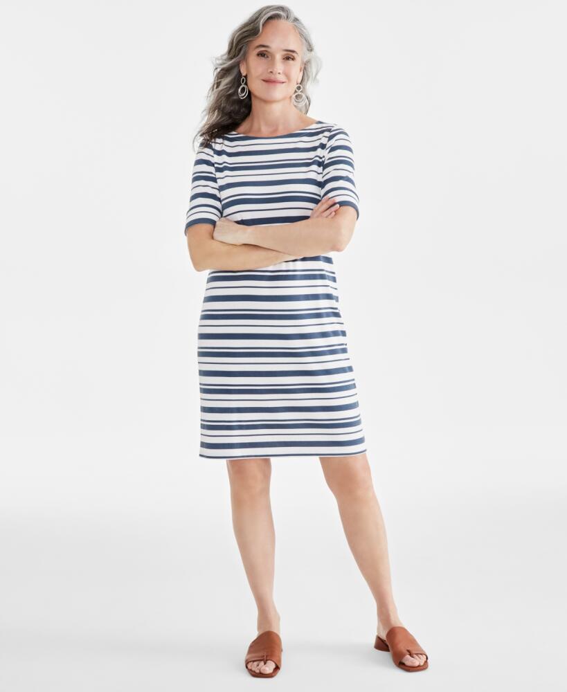 Style & Co Women's Printed Boat-Neck Elbow Sleeve Dress, Created for Macy's - Blue Stripe Cover