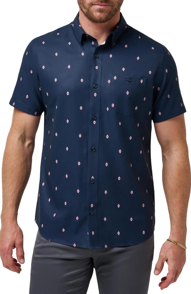 TravisMathew Lava Bed Diamond Print Short Sleeve Stretch Button-Up Shirt in Total Eclipse Cover