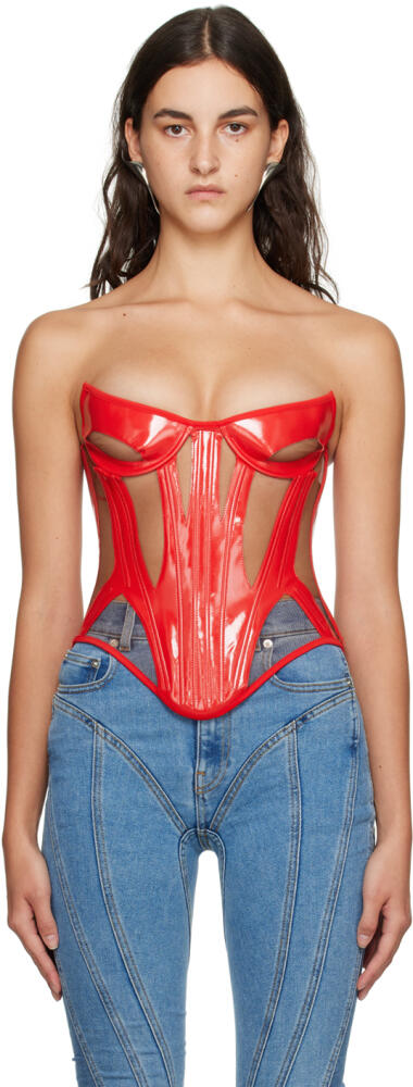 Mugler Red Paneled Faux-Leather Corset Cover