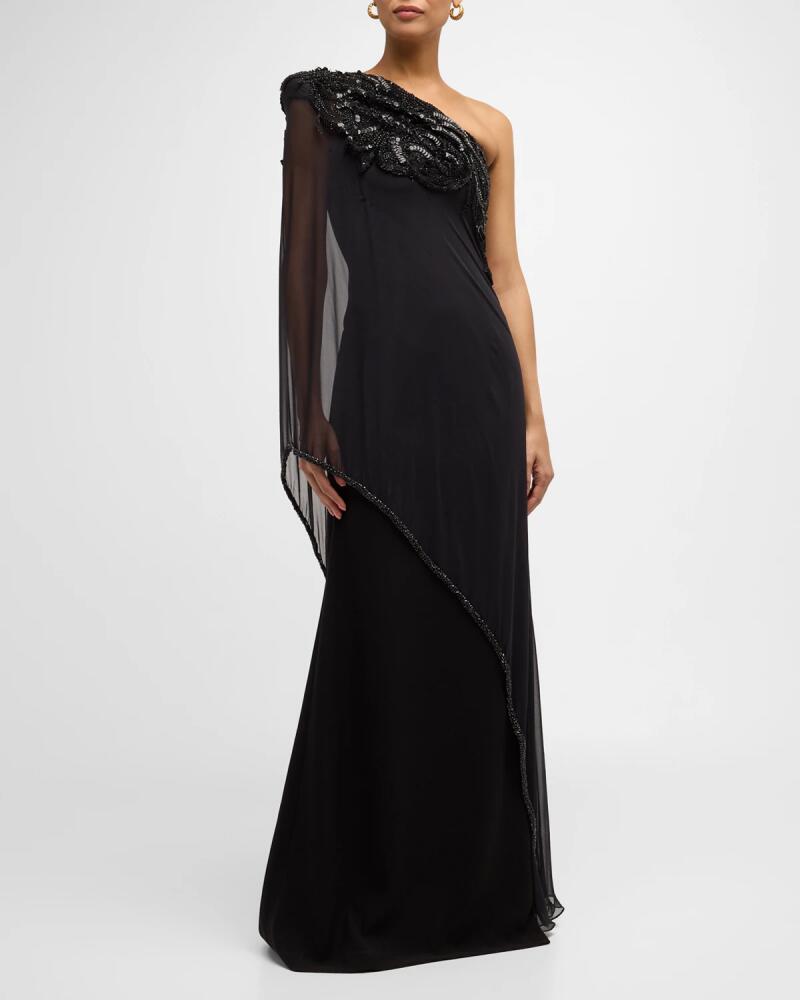 Naeem Khan Beaded One-Shoulder Gown with Sheer Overlay Cover