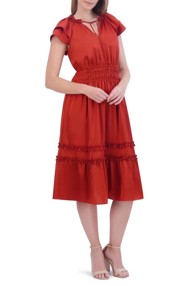 Eliza J Tiered Ruffle Sleeve Tie Neck Midi Dress in Rust Cover